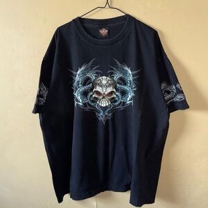 Vintage Y2K Cyber Gothic Nu Metal JNCO Style Dragon Skull 4 Sided Print Emo Goth